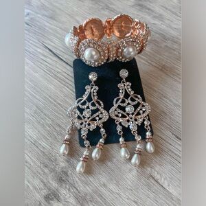 Rose Gold chandelier earrings and adjustable pearl bracelet bangle